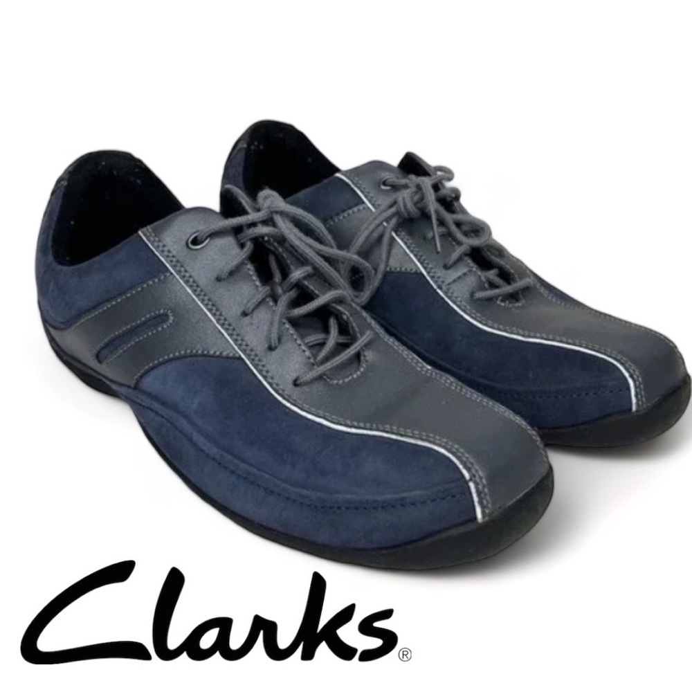Clark’s Blue Gray suede leather lace up comfort sneakers size 8.5 women’s